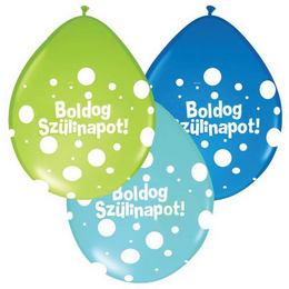 11 inch Big Polka Dots Neck Up balóny s maďarským nápisom Boldog Szülinapot v chlapčenských farbách, (25 ks/balenie)