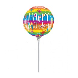 9 inch fóliový balón na paličke Birthday Rainbow Stripes, 23 cm