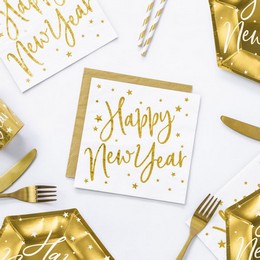 Bielo-zlaté silvestrovské servítky s nápisom Happy New Year - 33 cm x 33 cm, 20 ks