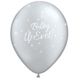 Silvestrovský balón - s maďarským nápisom Boldog Új Évet, strieborný, 28 cm, 25 ks