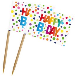 Happy Bday Rainbow Dots - farebné bodkované narodeninové party paličky na jednohubky - 50 ks