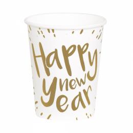 Happy New Year bielo zlaté papierové Party Poháre - 250 ml, 6 ks