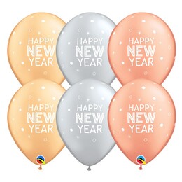 Happy New Year zlaté, strieborné, rosegold latex balóny, 25 ks, 28 cm