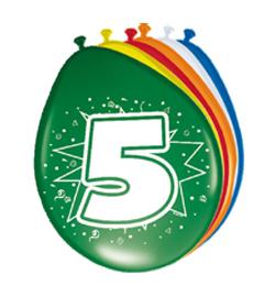 Farebné narodeninové balóny s potlačou čísla 5 - 30 cm, 8 ks/bal
