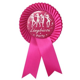 Ružovo-biely party odznak s cyklámenovou stuhou na dámsku rozlúčku so slobodou s maďarským nápisom Lánybúcsú Party