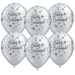 Strieborné gumené (latexové) balóny s maďarským nápisom Boldog Szülinapot, 6 ks, 28 cm