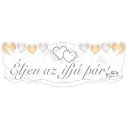 Strieborný svadobný banner so vzorom hviezdičiek a holubov s maďarským nápisom - Éljen Az Ifjú Pár! - 90 cm x 30 cm