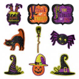 Witches´Crew glitrové trblietavé kartónové dekorácie na Halloween - 9 ks