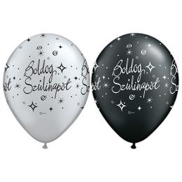 11 inch balón na narodeniny s maďarským nápisom strieborné a čierne (25 ks/bal)