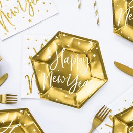 Zlaté papierové párty taniere na Silvestra s nápisom Happy New Year